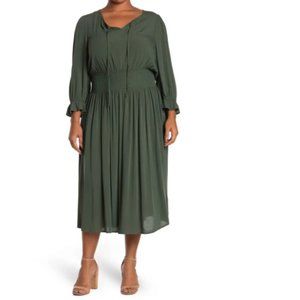 Bobeau Smocked Long Sleeve Midi Dress